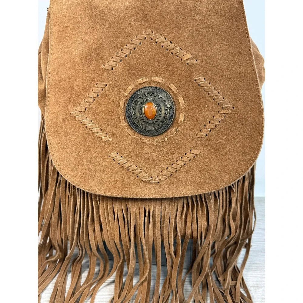 Brown Suede Fringe Backpack Boho Western Concho Whipstitch Festival Backpack Bag